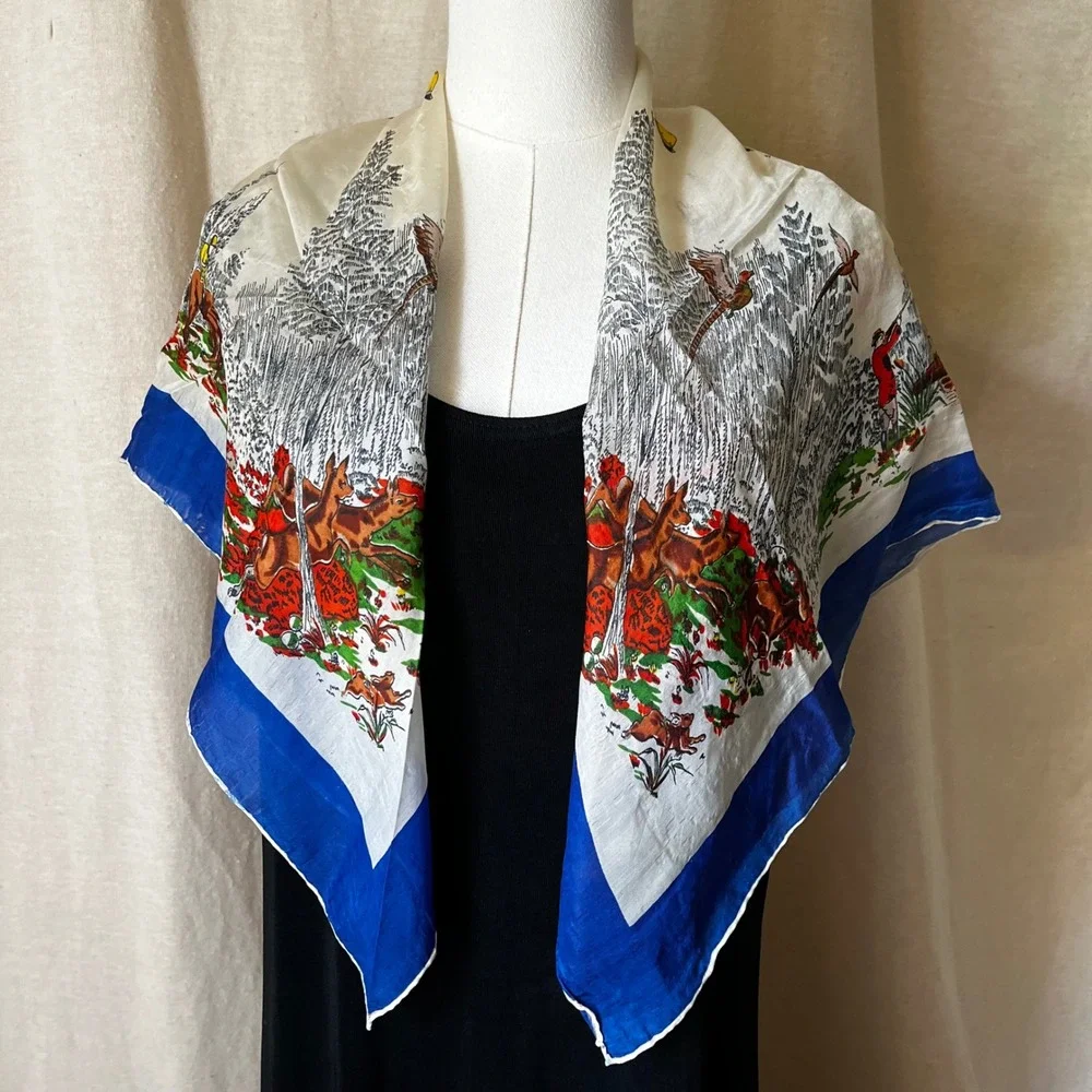 Vintage Hunting Equestrian Silk Scarf Blue Border Fox Hunt Birds Deer 31x34